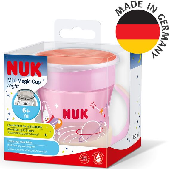 NUK Mini Magic Cup Night Trinklernbecher | 6+ Monate | 160 ml | 360° Auslaufschutz-Rand | Leuchtet im Dunkeln | Leicht zu greifende Griffe | BPA-frei & waschbar | Pink