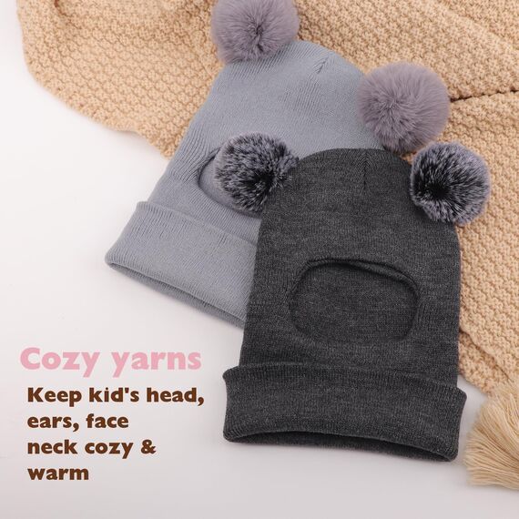 DRESHOW Kinder Wintermütze Warme Schal Schlupfmütze Strickmütze Kapuze Weiche Schalmütze mit Doppelt Bommel Pom Pom Beanie Mütze für Kleinkinder Jungen Mädchen 1-6 Jahre