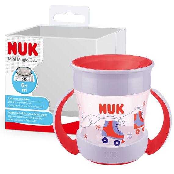 NUK Mini Magic Cup Trinklernbecher | auslaufsicherer 360°-Trinkrand | ab 6 Monaten | praktische Griffe | BPA-frei | 160 ml | rote Rollschuhe
