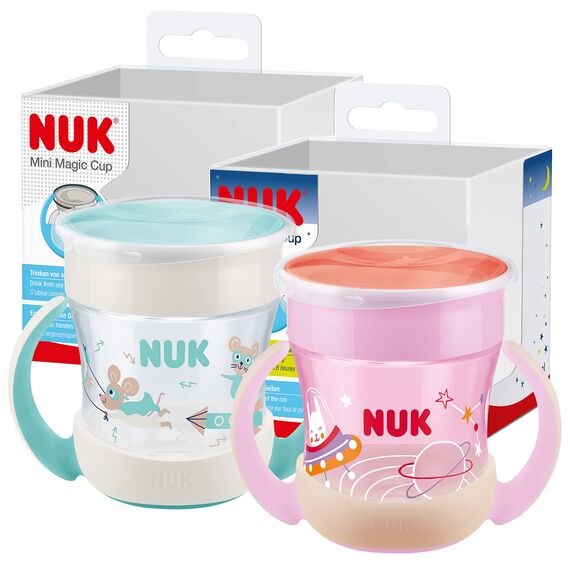 NUK Mini Magic CupNight Trinklernbecher | 6+ Monate | 160 ml | 360°-Auslaufschutz-Rand zum Trinken von jeder Seite |Leuchtet im Dunkeln | Griffe für einfaches Halten | BPA-frei| Häschen(rosa) |2 Stück