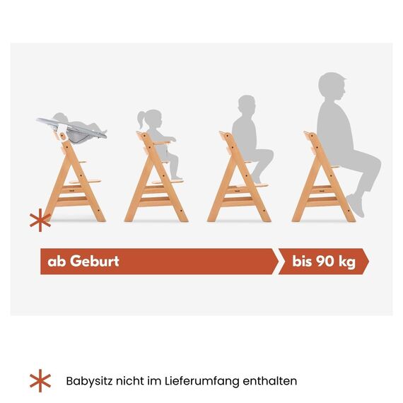 hauck Alpha+, Natur - Mitwachsender Holzhochstuhl aus Buche für Kinder ab 6 Monaten bis 90 kg - Inklusive 5 Punkt Gurt, Schrittgurt, Schutzbügel - Kompatibel mit viel Zubehör