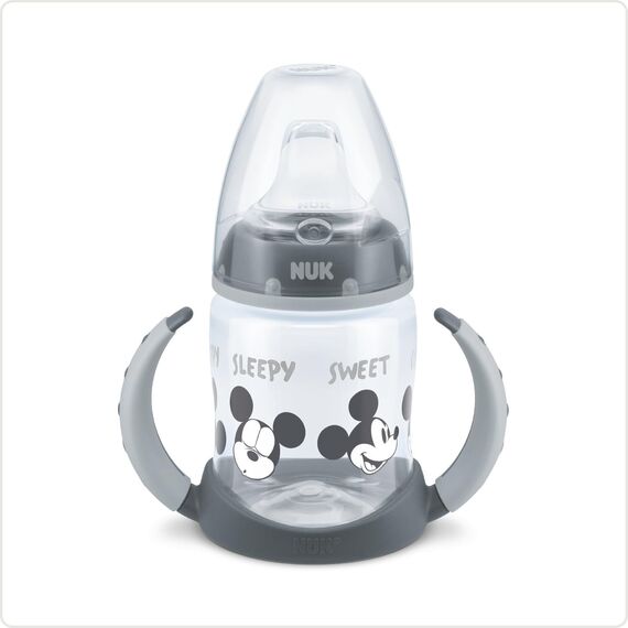 NUK First Choice+ Trinklernflasche | 6–18 Monate | 150 ml | Anti-Colic-Ventil | auslaufsichere Trinkschnabel | Ergonomische Griffe | BPA-frei | Disney Mickey Maus | grau