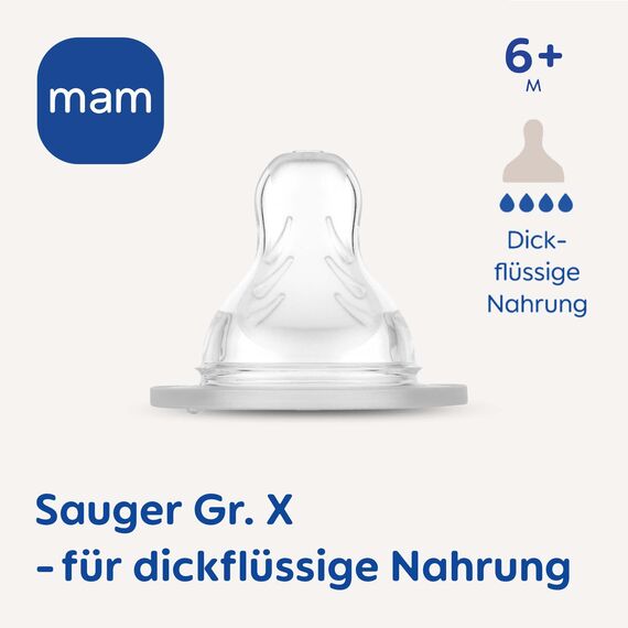 MAM Sauger Größe X im Doppelpack, Flaschensauger (Durchflussrate extra schnell), weicher Trinksauger passend für Flaschen/Trainer, ab 6+ Monate