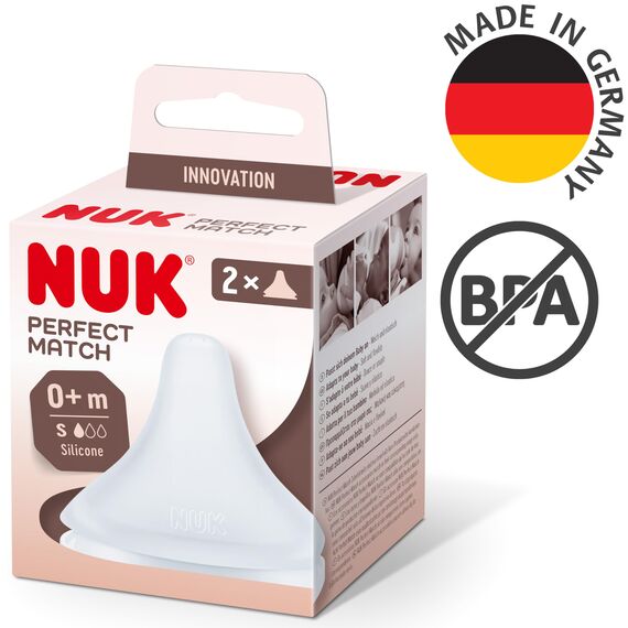 NUK Perfect Match Babyflaschentrinksauger | Ab 0 Monate | Passt sich dem Baby an | Anti-Colic | BPA-frei | Silikonsauger für Flaschen, Small | 2 Stück