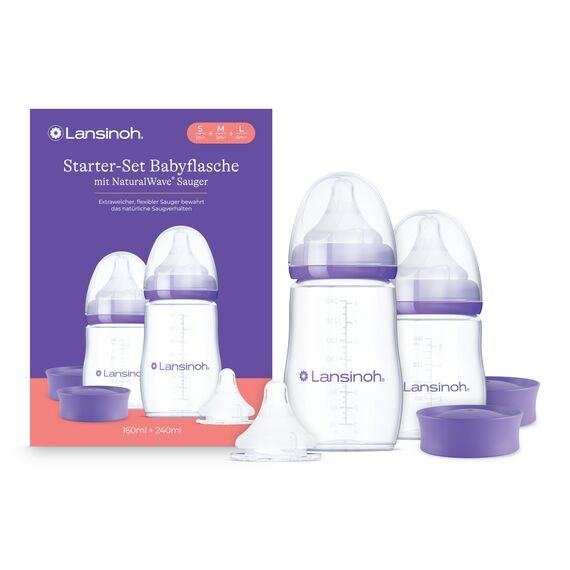 Lansinoh Babyflaschen Starter Set - Babyflasche in 160 ml & 240 ml - NaturalWave Sauger Größe S, M, L - neues kompaktes Design für verbesserte Stabilität - mit stapelbarem Deckel