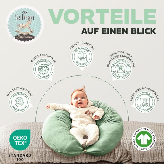 sei Design XXL Stillkissen 190x35 cm mit Musselin-Bezug ergonomisch. Schwangerschaftskissen Seitenschläferkissen Komfortkissen für Erwachsene. Stillkissenbezug aus 100% Baumwolle [ Bio-Baumwolle ]