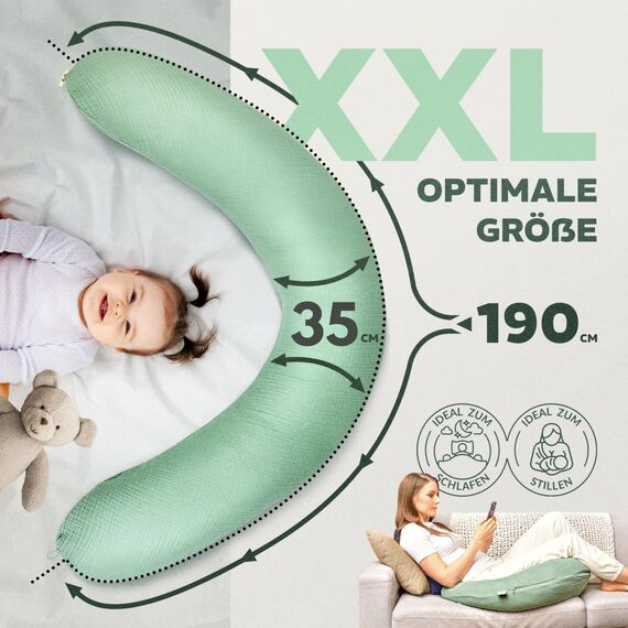 sei Design XXL Stillkissen 190x35 cm mit Musselin-Bezug ergonomisch. Schwangerschaftskissen Seitenschläferkissen Komfortkissen für Erwachsene. Stillkissenbezug aus 100% Baumwolle [ Bio-Baumwolle ]