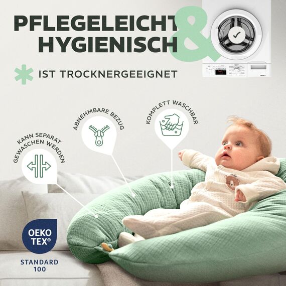 sei Design XXL Stillkissen 190x35 cm mit Musselin-Bezug ergonomisch. Schwangerschaftskissen Seitenschläferkissen Komfortkissen für Erwachsene. Stillkissenbezug aus 100% Baumwolle [ Bio-Baumwolle ]