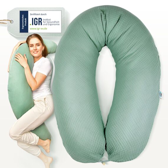 sei Design XXL Stillkissen 190x35 cm mit Musselin-Bezug ergonomisch. Schwangerschaftskissen Seitenschläferkissen Komfortkissen für Erwachsene. Stillkissenbezug aus 100% Baumwolle [ Bio-Baumwolle ]