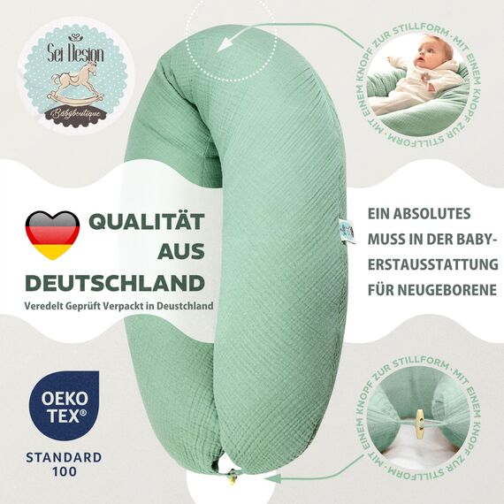 sei Design XXL Stillkissen 190x35 cm mit Musselin-Bezug ergonomisch. Schwangerschaftskissen Seitenschläferkissen Komfortkissen für Erwachsene. Stillkissenbezug aus 100% Baumwolle [ Bio-Baumwolle ]