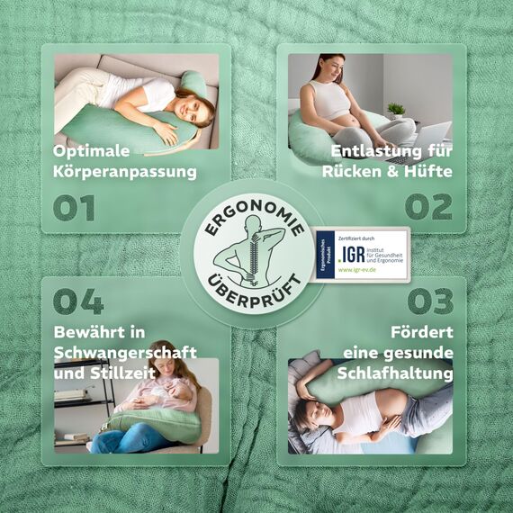 sei Design XXL Stillkissen 190x35 cm mit Musselin-Bezug ergonomisch. Schwangerschaftskissen Seitenschläferkissen Komfortkissen für Erwachsene. Stillkissenbezug aus 100% Baumwolle [ Bio-Baumwolle ]