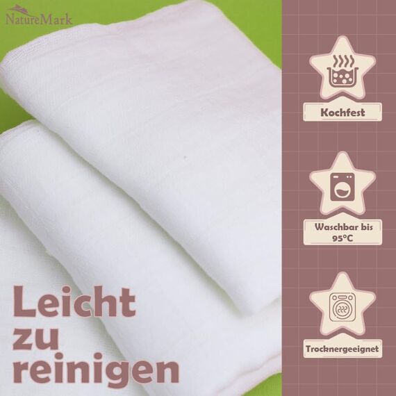 NatureMark 10er-Pack Baby-Mulltücher – 100% Baumwolle – weiche und saugfähige Tücher für Stillen & Babypflege, Windeln, Pucktücher & Waschlappen – Weiß, 70x70 cm