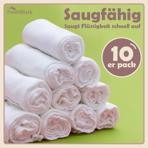 NatureMark 10er-Pack Baby-Mulltücher – 100% Baumwolle – weiche und saugfähige Tücher für Stillen & Babypflege, Windeln, Pucktücher & Waschlappen – Weiß, 70x70 cm