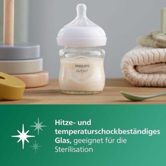 Philips AVENT Babyflasche Natural Response aus Glas - 120 ml Babyflasche, BPA-frei für neugeborene Babys ab 0 Monaten (Modell SCY930/01)