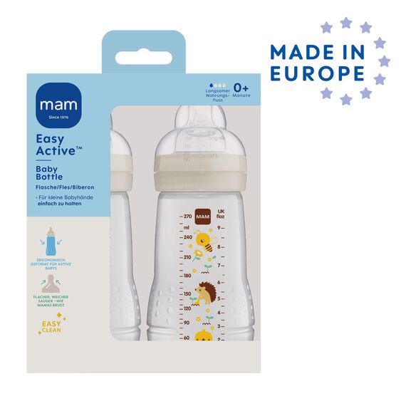 MAM Easy Active Trinkflasche im 2er-Set (270 ml), Baby Trinkflasche inklusive MAM Sauger Größe 1 aus SkinSoft Silikon, Milchflasche mit ergonomischer Form, 0+ Monate, Biene/Igel