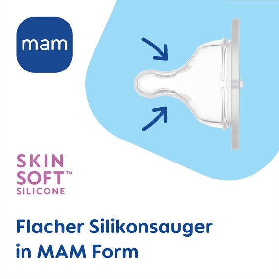 MAM Easy Active Trinkflasche im 2er-Set (270 ml), Baby Trinkflasche inklusive MAM Sauger Größe 1 aus SkinSoft Silikon, Milchflasche mit ergonomischer Form, 0+ Monate, Biene/Igel