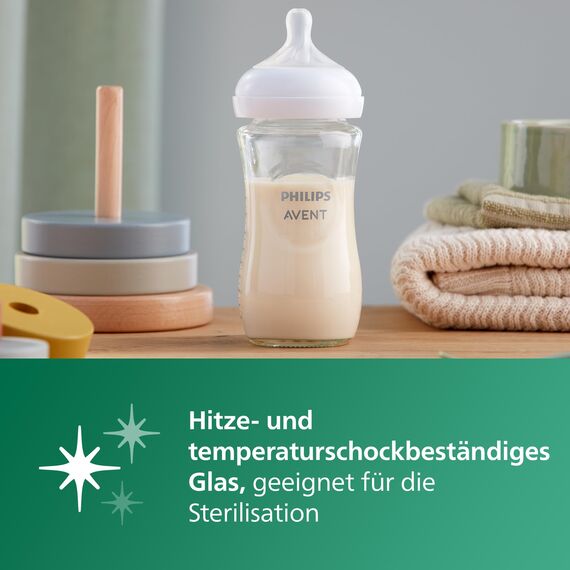 Philips AVENT Babyflasche Natural Response aus Glas – Babyflasche, 240 ml, BPA-frei, für Neugeborene ab 1 Monat (Modell SCY933/01)