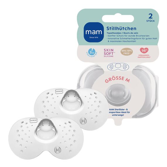 MAM Stillhütchen Größe M (ø 20 mm) im 2er-Set, extra weiche Brusthütchen zum Schutz beim Stillen, Brustwarzenschutz für maximalen Hautkontakt zwischen Mutter und Kind