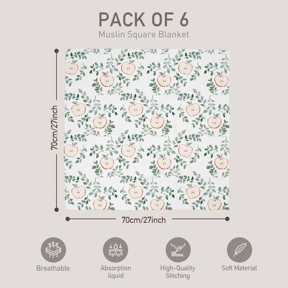 GLLQUEN BABY Musselintücher für Babys, 70 cm x 70 cm, 6er-Pack Spucktücher aus Baumwolle, saugfähig und atmungsaktiv und ideal zum Reinigen, Abwischen und Abdecken von Neugeborenen(Apfelparadies)