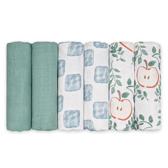GLLQUEN BABY Musselintücher für Babys, 70 cm x 70 cm, 6er-Pack Spucktücher aus Baumwolle, saugfähig und atmungsaktiv und ideal zum Reinigen, Abwischen und Abdecken von Neugeborenen(Apfelparadies)