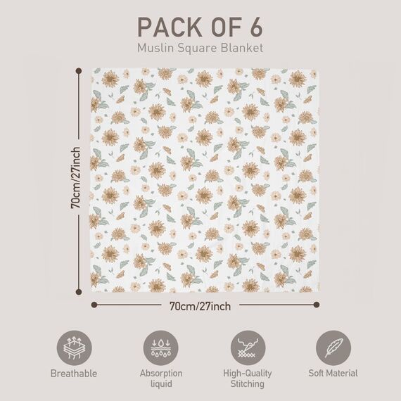 GLLQUEN BABY Musselintücher für Babys, 70 cm x 70 cm, 6er-Pack Spucktücher aus Baumwolle, saugfähig und atmungsaktiv und ideal zum Reinigen, Abwischen und Abdecken von Neugeborenen(Sonnenblume)