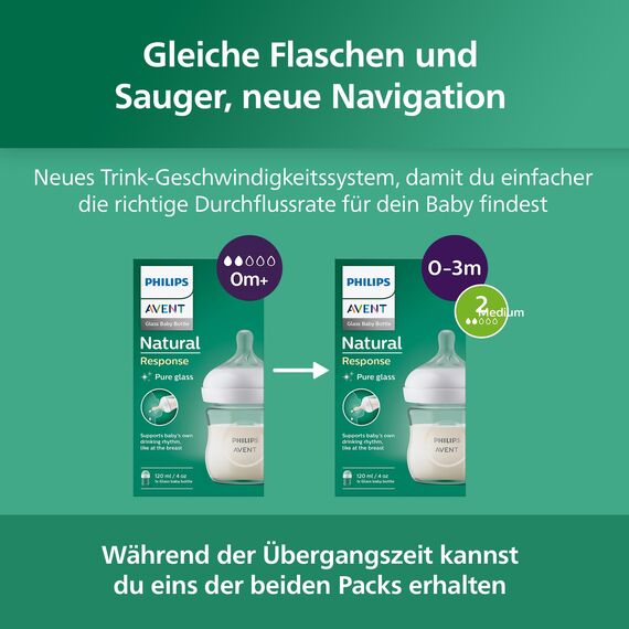 Philips AVENT Babyflasche Natural Response aus Glas - 120 ml Babyflasche, BPA-frei für neugeborene Babys ab 0 Monaten (Modell SCY930/01)