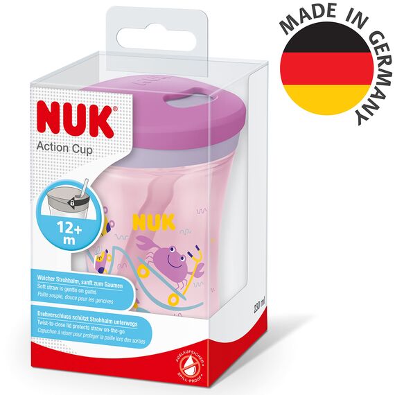 NUK Action Cup Trinkbecher Kinder | 12+ Monate | 230 ml | Drehdeckel mit weichem Strohhalm | auslaufsicher | BPA-frei | lila Krabbe