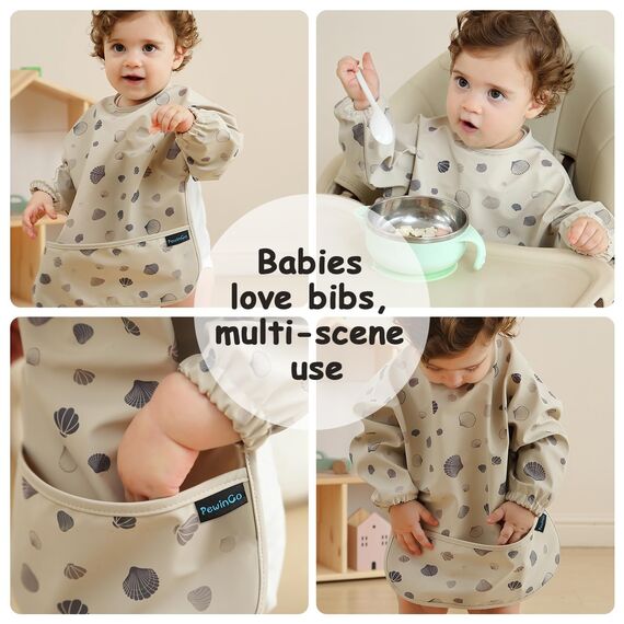 PewinGo Lätzchen zum Abstillen mit Langen Ärmeln & BLW, Weiches und Hautfreundliches Material, Lätzchen zum Stillen, Wasserdicht und Leicht zu Reinigen & Maschinenwaschbar, für Baby(Beige)