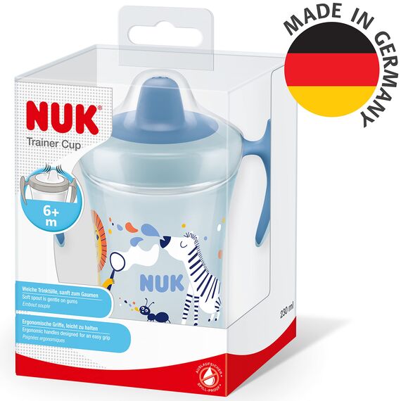 NUK Trainer Cup Trinklernbecher | auslaufsicherer Becher mit weichem Trinkschnabel & ergonomischen Griffen | 6+ Monate | 230 ml | BPA-frei | blaues Zebra, Kunststoff