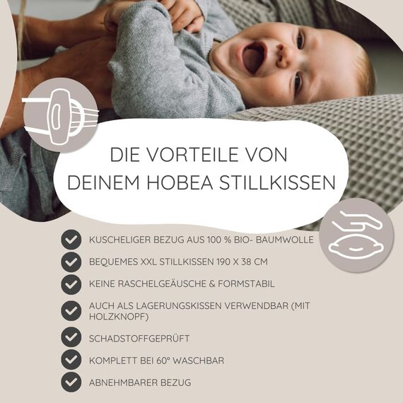 HOBEA-Germany Stillkissen 190 cm x 76 cm XXL Lagerungskissen Schwangerschaftskissen für Baby und Erwachsene Seitenschläferkissen Stillkissen mit Bezug aus Bio Baumwolle, Herzen Pastellgrün