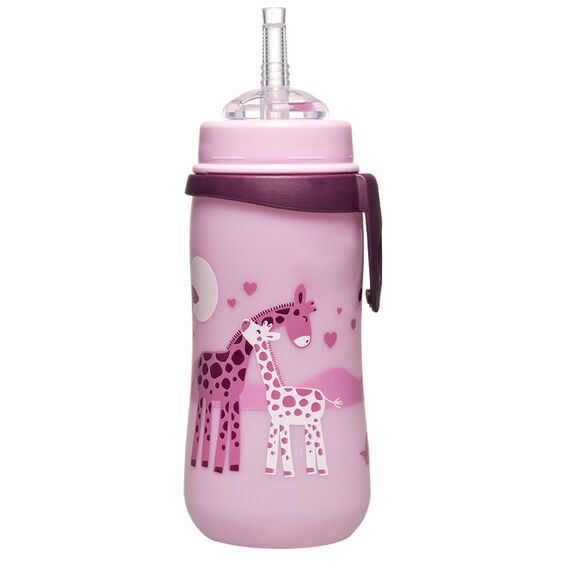 nip - Strohhalmbecher Straw Cup | Leichte, auslaufsichere Kindertrinkflasche mit Trinkhalm aus Silikon ab 12 Monaten. Einfach zu reinigen, 330 ml, Motiv Giraffe, rosa
