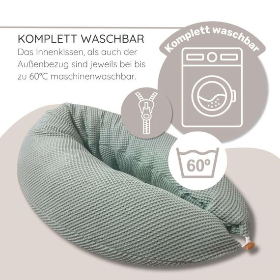 HOBEA-Germany Stillkissen 190 cm x 76 cm XXL Lagerungskissen Schwangerschaftskissen für Baby und Erwachsene Seitenschläferkissen Stillkissen mit Bezug aus Bio Baumwolle, Herzen Pastellgrün
