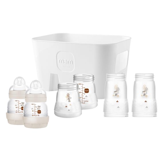MAM Easy Start Anti-Colic Combi-Set, Babyflaschen Set mit 6 Flaschen gegen Koliken (2 x 130 ml, 160 ml, 260 ml) & Flaschenkorb, Babyausstattung ab der Geburt, beige