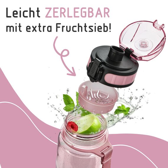 BJORKI® Trinkflasche Kinder auslaufsicher 500ml inkl. BONUS Namenssticker - Ideal für Schule, Kindergarten & Sport - Kohlensäure geeignet - Robuste Wasserflasche für aktive Kids (Pastell Rosa)