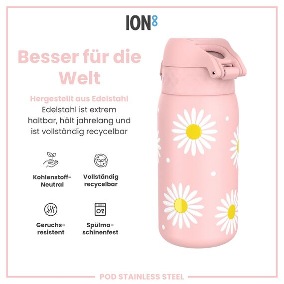ion8 Kinder Trinkflasche, Edelstahl Leicht 400ml, Nicht Isoliert, Auslaufsicher, Einhandöffnung, Sichere Verriegelung, Spülmaschinenfest, Klappdeckel, Leicht zu Reinigen, Gänseblümchen
