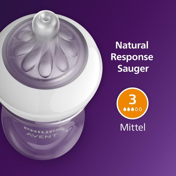 Philips AVENT Natural Response Babyflaschen – Babyflaschen mit AirFree Ventil, 260 ml, BPA-frei, für Neugeborene ab 1 Monat, Elefantenmotiv (Modell SCY673/81)