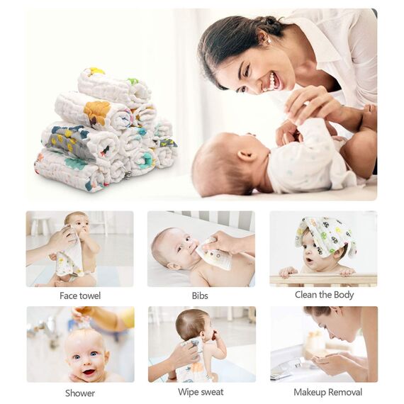 ABirdon 10 Stück Baby Musselin Waschlappen, 30x30cm Mulltücher Bio-Baumwolle Weiche Baby Handtücher, Gesicht Handtuch, Mehrzweck Gesichtstüche für Jungen und Mädchen