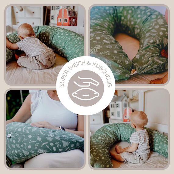 HOBEA-Germany Stillkissen 190 cm x 76 cm XXL Lagerungskissen Schwangerschaftskissen für Baby und Erwachsene Seitenschläferkissen Stillkissen mit Bezug aus Bio Baumwolle, Elefantenfamilie