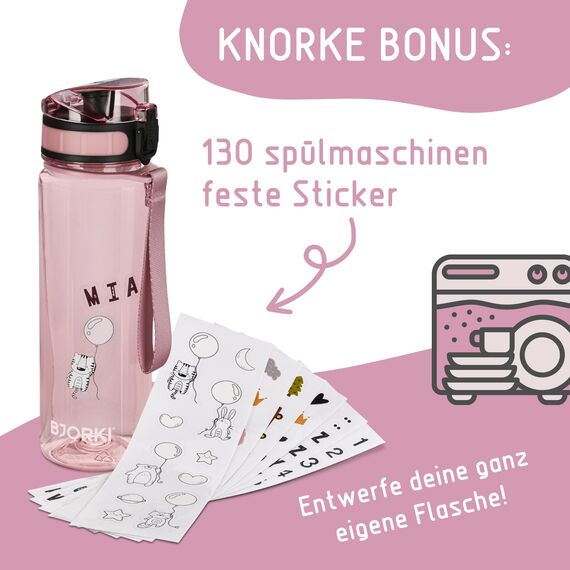 BJORKI® Trinkflasche Kinder auslaufsicher 500ml inkl. BONUS Namenssticker - Ideal für Schule, Kindergarten & Sport - Kohlensäure geeignet - Robuste Wasserflasche für aktive Kids (Pastell Rosa)