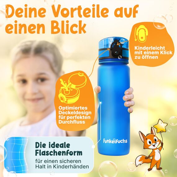 Funkelfuchs® - Trinkflasche für Kinder – 500ml, Blau – Kohlensäure geeignet - 100% auslaufsicher - Wasserflasche spülmaschinenfest - für Kindergarten, Einschulung, Schule, Sport