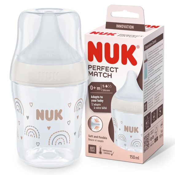 NUK Perfect Match Babyflasche | Ab 0 Monate | Passt sich dem Baby an | Temperature Control | Anti-Colic | 150 ml | BPA-frei | Silikontrinksauger, Small | Regenbogen