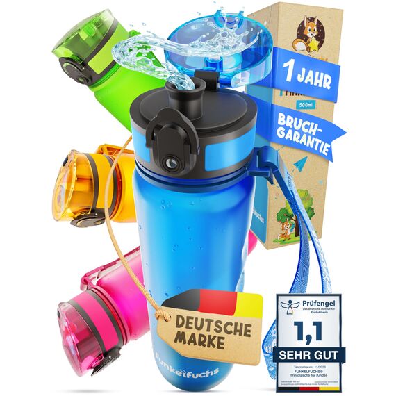 Funkelfuchs® - Trinkflasche für Kinder – 500ml, Blau – Kohlensäure geeignet - 100% auslaufsicher - Wasserflasche spülmaschinenfest - für Kindergarten, Einschulung, Schule, Sport