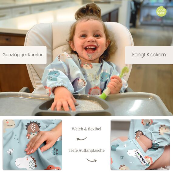 Nombear Baby Lätzchen mit Ärmeln für BLW (6 bis 24 Monate), 1 Packung - Wasserdichtes Ärmellätzchen Alternative zu Silikonlätzchen, Ganzkörper Lätzchen Baby, Babylatz Beikost Zubehör