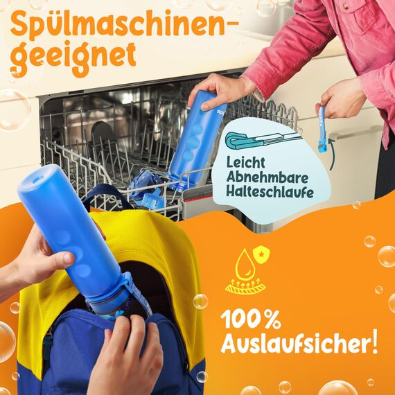 Funkelfuchs® - Trinkflasche für Kinder – 500ml, Blau – Kohlensäure geeignet - 100% auslaufsicher - Wasserflasche spülmaschinenfest - für Kindergarten, Einschulung, Schule, Sport