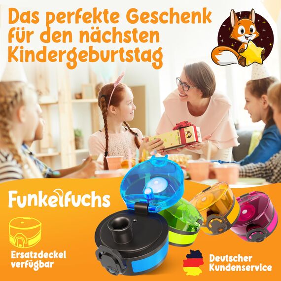 Funkelfuchs® - Trinkflasche für Kinder – 500ml, Blau – Kohlensäure geeignet - 100% auslaufsicher - Wasserflasche spülmaschinenfest - für Kindergarten, Einschulung, Schule, Sport