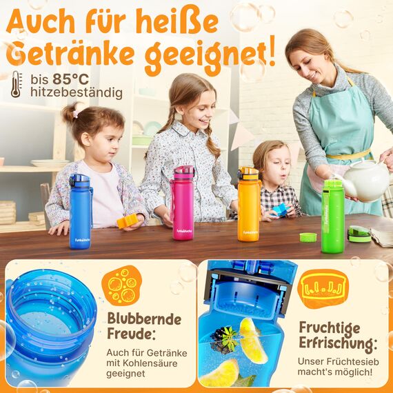 Funkelfuchs® - Trinkflasche für Kinder – 500ml, Blau – Kohlensäure geeignet - 100% auslaufsicher - Wasserflasche spülmaschinenfest - für Kindergarten, Einschulung, Schule, Sport