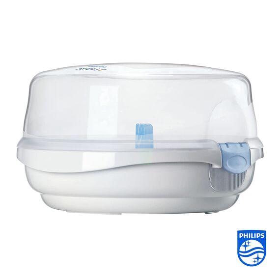 AVENT Mikrowellen Sterilisator, Dampf-Sterilisator für bis zu 4 Babyflaschen, Schnuller und Zubehör, weiß (Modell SCF281/02)