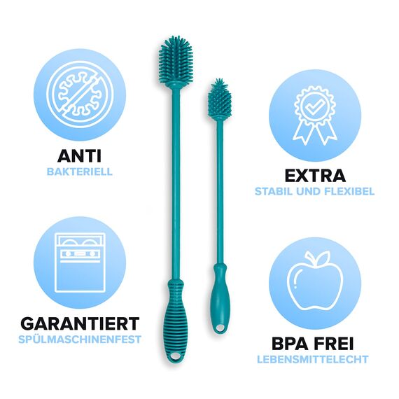 JAWAonline Spülbürsten Set 32cm und 24cm - Flaschenbürste Silikon schonend und kratzfrei - Flexible Flaschenreiniger Bürste - Premium Bottle Brush - Reinigungsbürste für kleine und große Flaschen