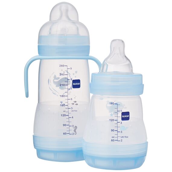 Mam Easy Start Anti-Colic Babyflasche, 8 Flaschen in den Formaten 130 ml, 160 ml und 260 ml, 1 Start Nano, 4 Dichtstoffscheiben, 1 extra weicher und griffiger Ausgießer, Sortiert Farbe, 7- 30 g