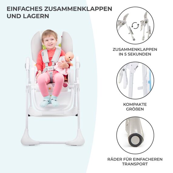 Kinderkraft Hochstuhl YUMMY, Kinderhochstuhl, Babystuhl, Kombihochstuhl, ab den Ersten Lebensmonaten, Fußstütze, Halbliegende Position, Bezug aus PU, Einfach zu Reinigen, Grau